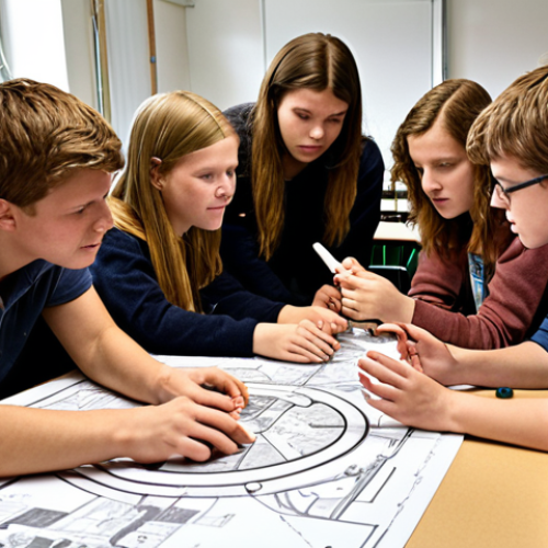 Home 4 **
A diverse group of students collaborating on a project to design a sustainable energy system for a local Dutch community. The scene should depict a mix of technical drawings, discussions, and perhaps a model of the energy system. Show elements representing various disciplines like engineering, economics, and sociology. Focus on teamwork and problem-solving.
**