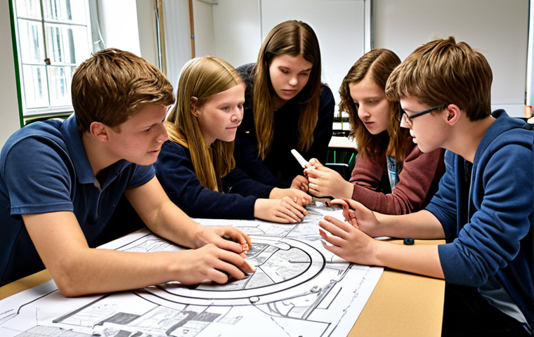 **

A diverse group of students collaborating on a project to design a sustainable energy system for a local Dutch community. The scene should depict a mix of technical drawings, discussions, and perhaps a model of the energy system. Show elements representing various disciplines like engineering, economics, and sociology. Focus on teamwork and problem-solving.

**